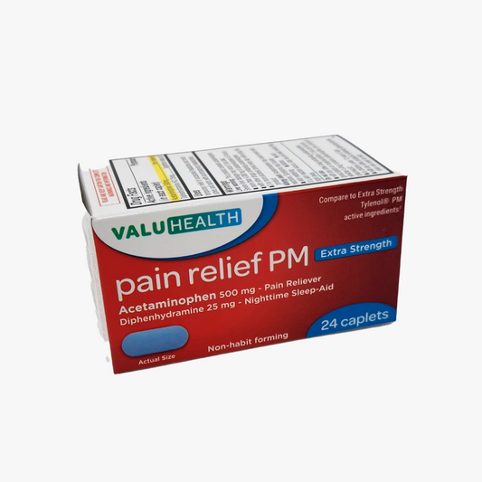 ValuHealth Pain Relief PM Extra Strength con Acetaminofén 500 mg y Difenhidramina 25 mg - 24 Cápsulas