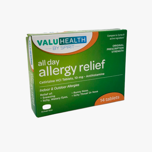 ValuHealth All Day Allergy Relief con Cetirizina HCI 10 mg - 14 Tabletas